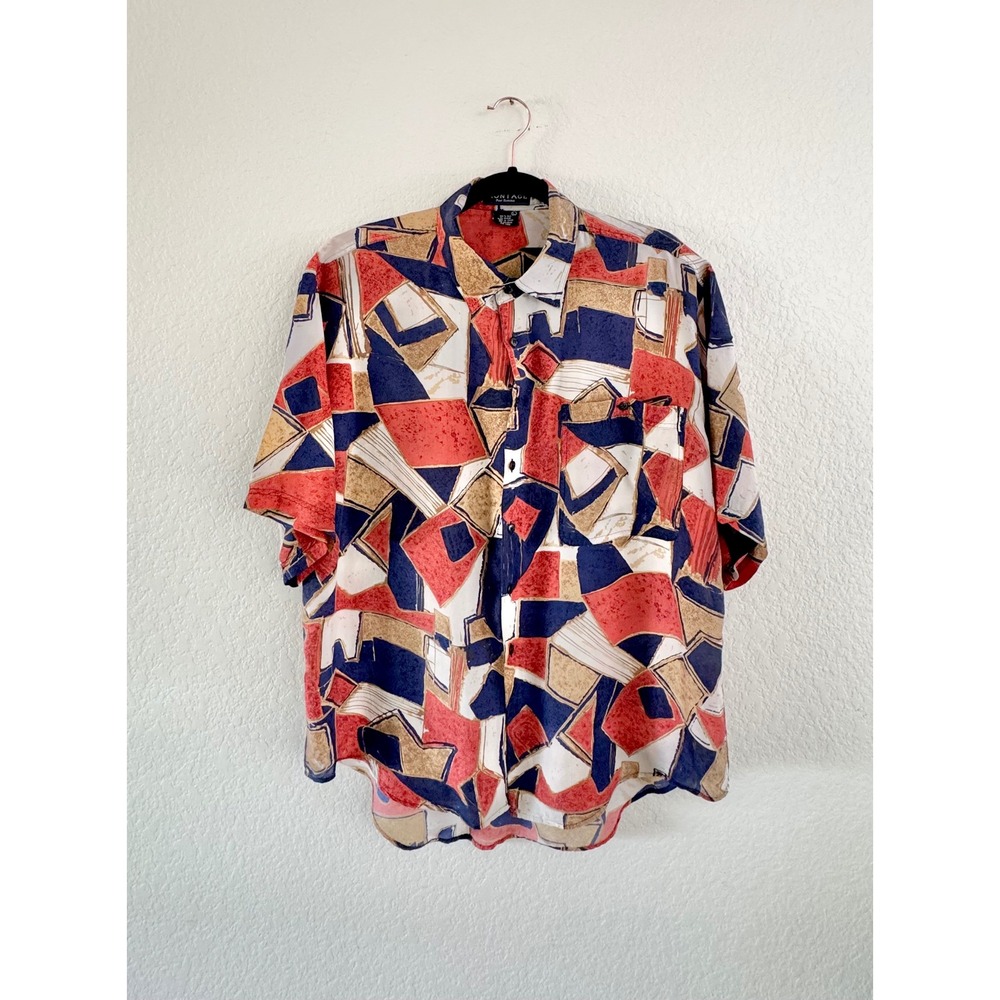 Montage Pour Homme Silk Shirt Mens Large Multicolor Abstract Geometric Vintage